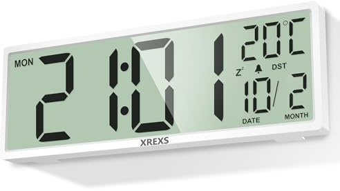 XREXS 14,5 Zoll Digital Wanduhr, Zeit, Kalender, Temperatur, DST-Funktion, batteriebetrieben, für Schlafzimmer, Wohnzimmer, Klassenzimmer, Büro (Weiß)