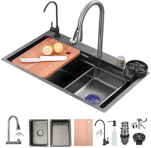 Cascata Lavello Cucina Acciaio Inox Set, Lavandino Cucina Multifunzione, Rubinetto A Cascata A Led, Lavello A Cascata Digitale Con Lavatazze, Dispenser Di Sapone(Black-Grey#2,80x50cm)