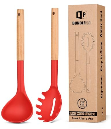 Silicone Pasta Fork and Ladle Spoon Set with Wooden Handle, Heat Resistant Non Stick Kitchen Utensils for Cooking, Stirring, Serving Spaghetti, Soup, Sauce(RED)