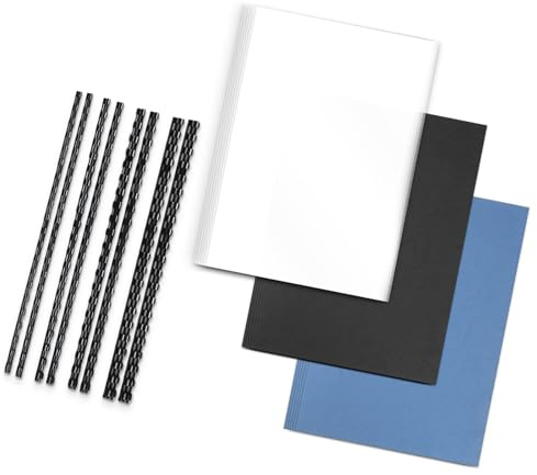 RAYSON Set di Rilegatura a Pettine, 100 Pettini (6, 8, 10, 12 mm), 20 Copertine in Plastica Rrasparente (150 micron), 10 nere e 10 blu Effetto Pelle