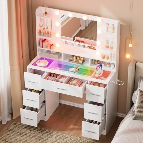 SOLCRESTIA Schminktisch mit LED-Spiegel & Arbeitsplatz, 120x60x175 cm 6 Schubladen inkl. USB-Steckdose, Hollywood-Beleuchtung 3 Modi, 8 Ablagen, 14 Haken, 32 cm Kosmetikschrank, Ohne Hocker (Large 2)