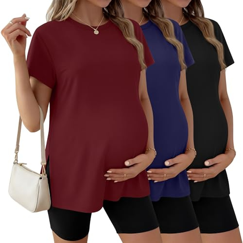 Ficerd Lot de 3 T-Shirts de Maternité pour Femmes Enceintes, Manches Courtes, Fentes Latérales, Col Rond, Vêtements de Maman
