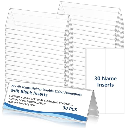 30 PCS Acrylic Table Name Place Holders with Blank Inserts 210x61mm Double Sided Transparent Display Stand for Office Desk Meeting Conference Wedding Place Cards Restaurant Table Numbers