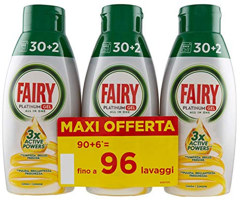 Fairy Gel Détergent Lave-vaisselle - 96 Lavages - 3 bouteilles de 32 lavages - Citron