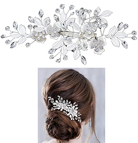 Wedding Hair Clip Rhinestone Bridal Hair Accessories Flower Hair Clip for Bride Bridesmaid Silver Handmade Flower Hair Pins Head Pieces for Women and Girls Hair Piece (Sliver)