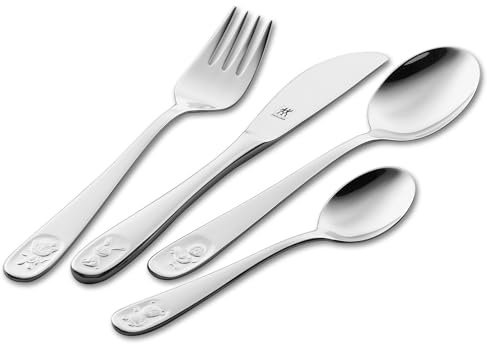 ZWILLING Bino Kinderbesteck-Set, 4-teilig, mit eingeprägten Tiermotiven, Für Kinder ab 3 Jahren, 18/10 Edelstahl, Silber [plastikfreie Verpackung]