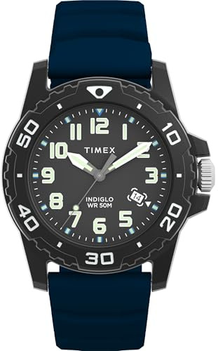 Timex Orologio da uomo Main Street, 42 mm, cinturino in silicone blu, quadrante nero, cassa nera TW5M61100