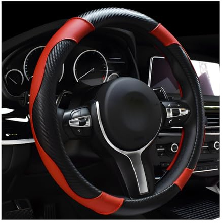 DXNQ Car Steering Wheel Cover, 15 Inch Carbon Fiber Leather Stitching Color Steering Wheel Protector, Anti-Slip Elastic Breathable Steering Wheel Cover Stylish Decor for Most Cars (Black&Red)