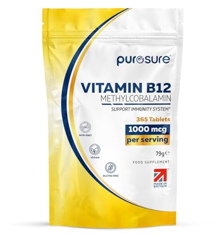 Purosure Vitamin B12 1000µg | 365 High Strength Easy to Swallow Tablets | Methylcobalamin Vegetarian and Vegan Tablets | Tiredness and Fatigue Tablets | | Manufactured in The UK | (365 Tablets)