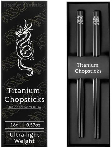 Youda 99.8% TITANIUM Essstäbchen Ultraleichte und wiederverwendbare Essstäbchen für Camping, Zuhause, Reisen (2 Paare)