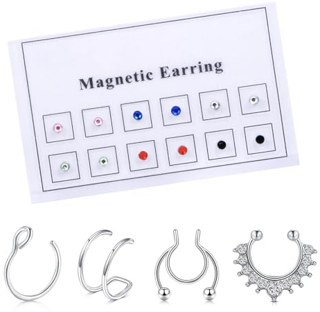 AVYRING Set di Orecchini e Piercing Naso Finti Magnetici, Studs per Naso e Orecchie in Acciaio Inossidabile con Cristalli Zirconia