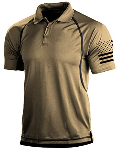 HARGLESMAN Men's Quick Dry Performance Short Sleeve Tactical Polo American Flag on Arm T Shirt Athletic Top Summer Button Down Sports Casual Tees Golf Tennis Activewear Brown L