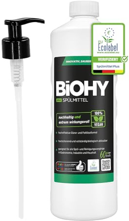 BiOHY Liquide vaisselle Plus (bouteille de 1 l) + distributeur à pompe | Concentré liquide bio pour vaisselle avec Ecolabel UE | Dégraissant extra puissant | Idéal pour distributeur de liquide