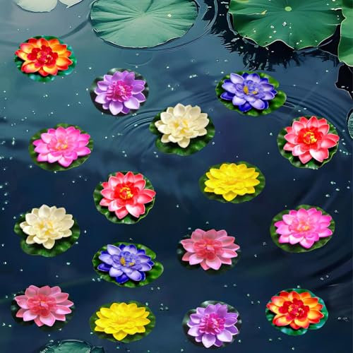 JOYWU Artificial Floating Foam Lotus Flower with Water Lily Pad,16 Pcs 10cm Artificial Lily Pads for Pond,8-Color Lifelike Lotus Flowers Water Lilies,Water Lilies for Fountain Garden Pond Decor