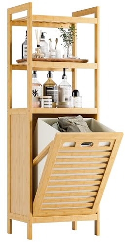 HITNET ‌Badschrank mit Wäschekorb, Wäscheschrank, Bambus Badezimmerschrank mit Wäschesammler und 3 Offene Regale, 40L Herausnehmbare Innentaschen mit Griffen für Badezimmer Schlafzimmer, Natur