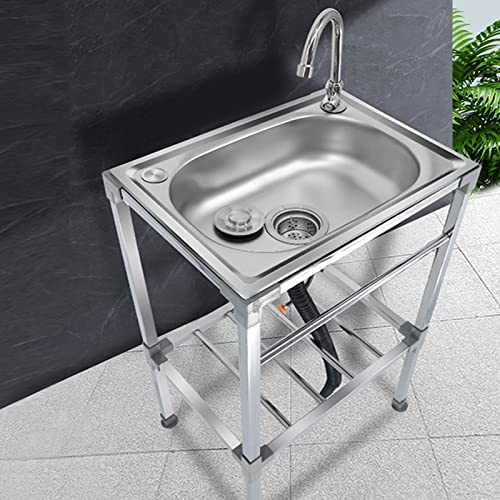 Lavello da banco da lavoro in acciaio inox per esterni, autoportante, a vasca singola, per cucina e garage, con rubinetto, 53 x 38 x 83 cm, ideale per ristoranti e lavanderia