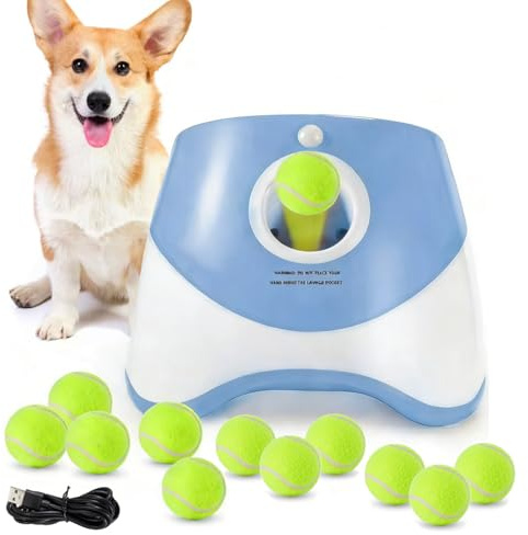 TIEXITOR Lanzador de pelotas para perros con 12 pelotas de tenis, lanzador automático de pelotas de perro para interiores y exteriores, 3 distancias ajustables de 10 a 30 pies, máquina interactiva de