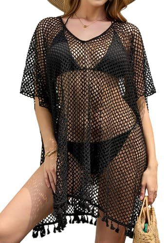 Robe de Plage Femme Col V Sexy, Cache-Maillot au Crochet avec Franges, Tunique de Plage Extensible pour Bikini, Vacances d’Été