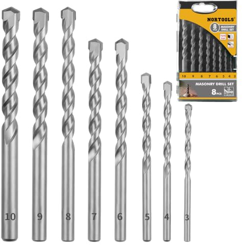 NORTOOLS Ensemble de Forêts,8 Pièces (3-10 mm) – Pointe en Carbure pour Béton, Briques, Pierre | Ensemble de Forêts pour Perceuse à Percussion | Forêts Lourdes pour Ciment et Pierre Naturelle ﻿