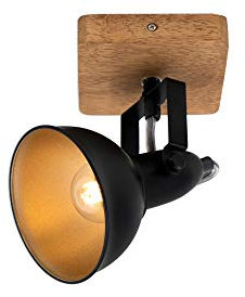 BRILONER - Wandleuchte Innen schwenkbar, Vintage, Holzbasis, Wandlampe, Wandstrahler, Leselampe Bett, Deckenlampe, Wohnzimmer, Leselicht, Wandbeleuchtung, 11x11x15,7 cm, Schwarz-Gold