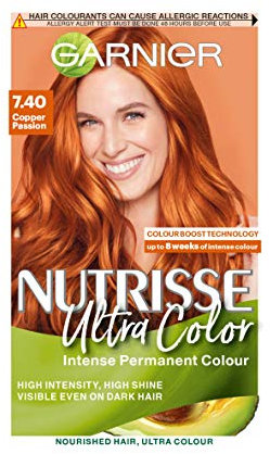 Garnier Nutrisse Ultra Color Permanent Hair Dye, Up to 100% Grey Coverage, 8-weeks Long-Lasting Colour, No Ammonia, Vegan (Shade: 7.40 Copper Passion)