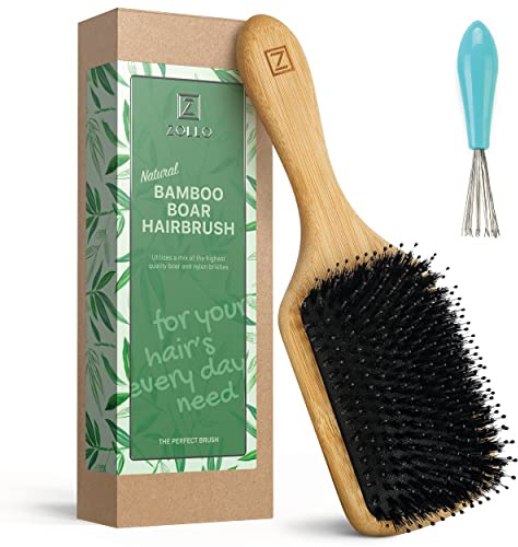 Natural Boar Bristle Hair Brush for Women, Men, Kids; Dry and Wet Detangling Hair Brush Gently Enhances Shine, Smooths Frizz and Prevents Breakage in Fine and Straight, Thick and Curly Hair (paddle)