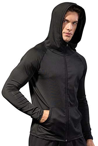 Sillictor Gym Hoodies for Men with Hand Pockets UPF 50+ Zip Up Long Sleeve Running Top Mens Sports Jakcets for Training Workout Cycling Casual Breathable Lightweight Quick Dry 9002 Black L