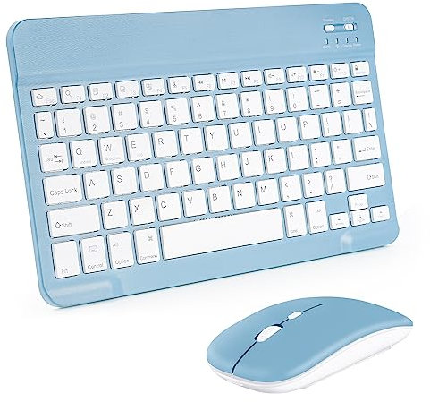 Tragbare kabellose Tastatur, AIMMIE Rechargeable10 Ultradünne Universal-Tablet-Tastatur mit kabelloser Maus, kleine kabellose Tastatur für iOS/Android/Windows-Tablets, Laptops, PCs, Telefone (Blau)