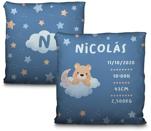 LolaPix Cojín Personalizado. Cojin Infantil. Regalos para Bebes Recien Nacidos. Cojines con Relleno Incluido. Regalo Personalizado con Nombre, Fecha, Inicial. Osito Nubes