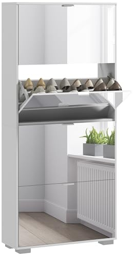 HOMCOM Meuble à Chaussures 2 en 1 Façades Miroir 76l x 26P x 168H cm Blanc