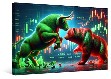 Bear Vs Bull Stock Market Trading Wall Art 1 Panels Canvas Bedroom Painting Home Decor A Digital Bull and Bear Face off Amidst Posters Framed Resdy to Hang 12x16 inches