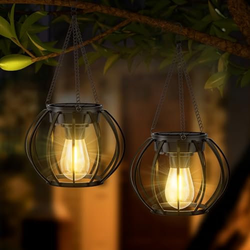 Faroles Solares para Jardín Exterior, Luces Colgantes, IP65 Impermeable, Linterna de Redondo de Metal con Gancho, Lámpara Solar Colgante automático para Jardín Patio, 2 piezas