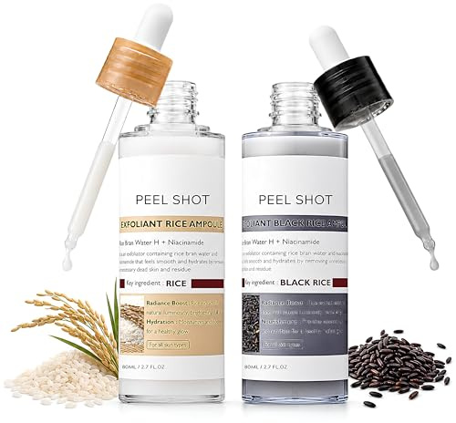 Peel Shot Glow Rice Ampoule Duo, White & Black Rice Exfoliant Serum | Rice Peeling Ampoule Face Exfoliator with AHA BHA, Gentle Exfoliating for Blackhead Remover Dead Skin, Refines Pores, 80ml*2