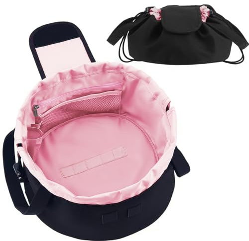 Lay Flat Drawstring Makeup Bag,Travel Cosmetic Organizer for Women,Large Capacity Toiletry Bag,Portable Open-Flat Design for Skincare and Makeup Brushes, Pink, 10.24 inches x 6.3 inches, Drawstring