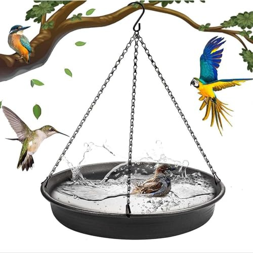 Hängende Vogeltränke aus Metall, 22.5cm Durchmesser & 3cm Tiefe, Mit Metallketten und S-Haken, Ganzjährige Vogelfutterstelle und Vogelbad für Garten, Hinterhof, Terrasse und Bäume, Schwarz