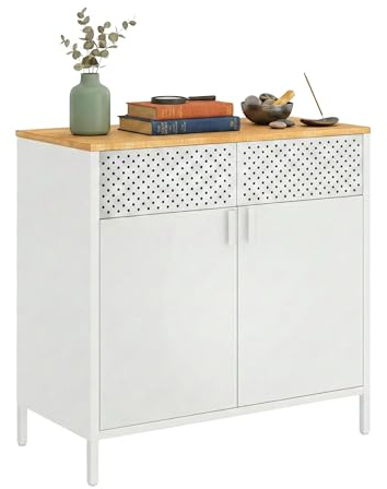 Relaxdays Armario metálico 2 Puertas, Estante Regulable, Oficina, 77x80x40 cm, Blanco/Natural