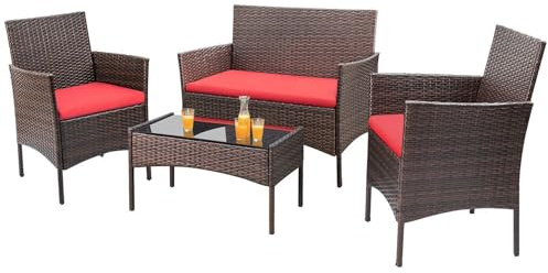 Homall 4 Pieces Patio Rattan Chair Wicker, Outdoor Indoor Use Backyard Porch Garden Poolside Balcony Furniture Sets (Red)