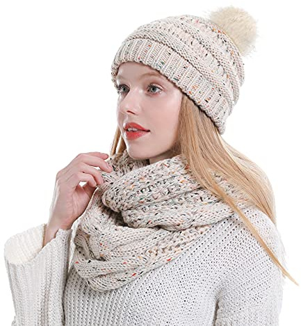 Double Couple Womens Scarf Beanie Hat with Faux Fur Ball Set Thick Winter Cable Knitted Circle Loop Infinity Scarfs for Women (Mix Beige Pom Pom Set)