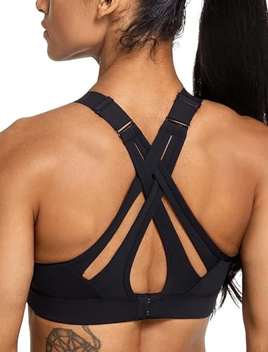Yvette Sports Bra High Impact Adjustable Criss Cross Back, Full Support for Large Bust No Bounce,Black,S Plus