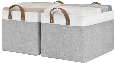 StorageWorks Fabric Storage Baskets for Shelves, Wardrobe Storage Boxes for Clothes, Large Storage Bins with Metal Frame, Closet Baskets with Handles for Bedroom Organising, Grey and White, 2-Pack