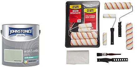 Johnstone's Wall and Ceiling Soft Sheen Emulsion Paint - Natural Sage 2.5L & Fit For The Job 10pcs Home Decorating Kit Paint Rollers & Tray Set