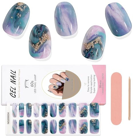 EBANKU 20PCS Semi Gel Nail Strips, Blue Marble Stickers Long Lasting With Nail File & Wooden Stick for Women Manicure