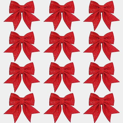 FGen 12PCS Noeuds de Ruban de Noël, 12x15cm Noeuds de Noël, Noeuds Sapin de Noël, Pailleté Decoration de Noël pour Sapin de Noël Emballage Cadeau Guirlande Voiture Mariage (Red)