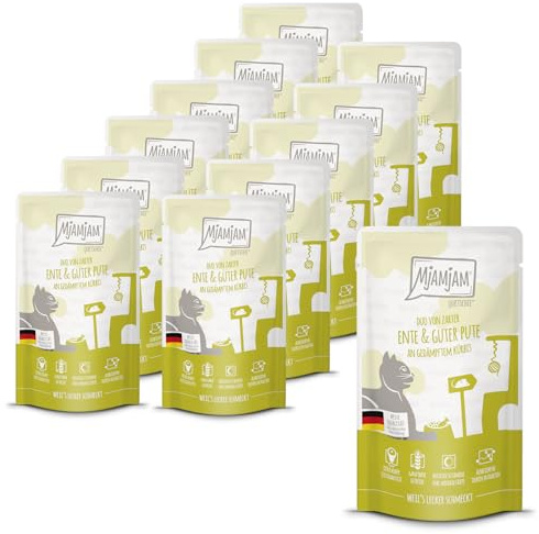 MjAMjAM - Nourriture humide de qualité supérieure pour chats - Quetschie - DUO de canard et de dinde savoureuse avec potiron cuit à la vapeur, paquet de 12 (12 x 125g), sans céréales avec extra viande