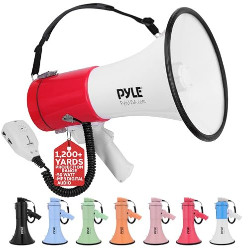 Pyle Megaphon mit Sirene & Mikrofon Weiß-Rot – 50W Lautsprecher, Aux-Eingang, tragbar, Ideal für Anfeuerung & Outdoor-Einsatz, ergonomisch & robust, mit MP3-Wiedergabe