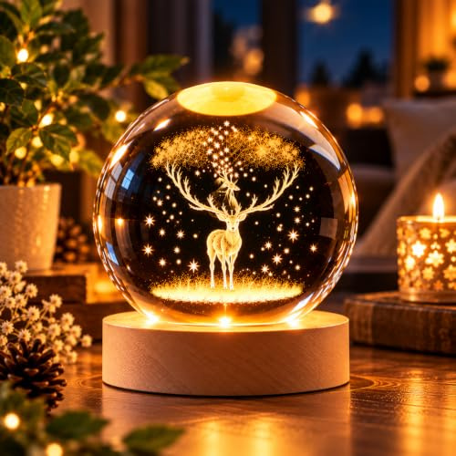 One94Store 3D Glass Ball Lamp Creative Engraved Glass Ball Night Light USB Table Lamp Wooden LED Glass Ball Decoration for Home Office Gift