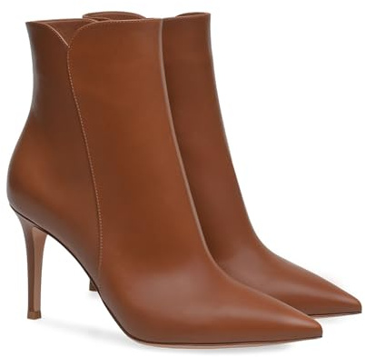 Bottines à Talon Aiguille et Bout Pointu pour Femmes Bottines Courtes Simples Couleur Unie Bottines Classiques en Cuir à Fermeture éclair latérale pour Robe Mariage Rendez,Marron,38 EU
