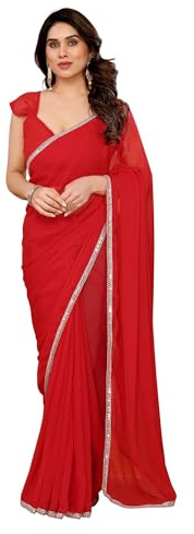 RAJESHWAR FASHION WITH RF Women's Georgette College Farewell Sarees For Ladies & Girls With Lace Border & Blouse, Red, One size