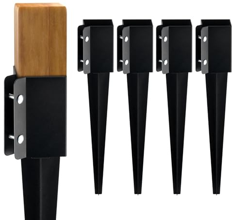 VEVOR Fence Post Anchor, 4 Pack 4 x 4 Inches Outer Diameter (Inner Diameter 3.5 x3.5 Inches) Ground Spike 24, Metal Black Powder Coated Post Stake Ground, for Mailbox Deck Garden Railing