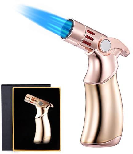 OBD Blow Torch Lighter with Safety Lock & Adjustable Flame Kitchen Blow Torch for Cooking Creme Brulee Desserts BBQ Camping & Searing (Gold)